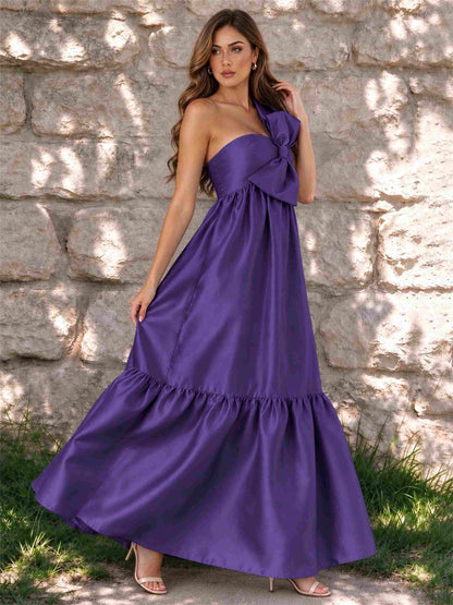 One Shoulder A-Line Satin Sleeveless Wedding Guest Dress with Bowknot