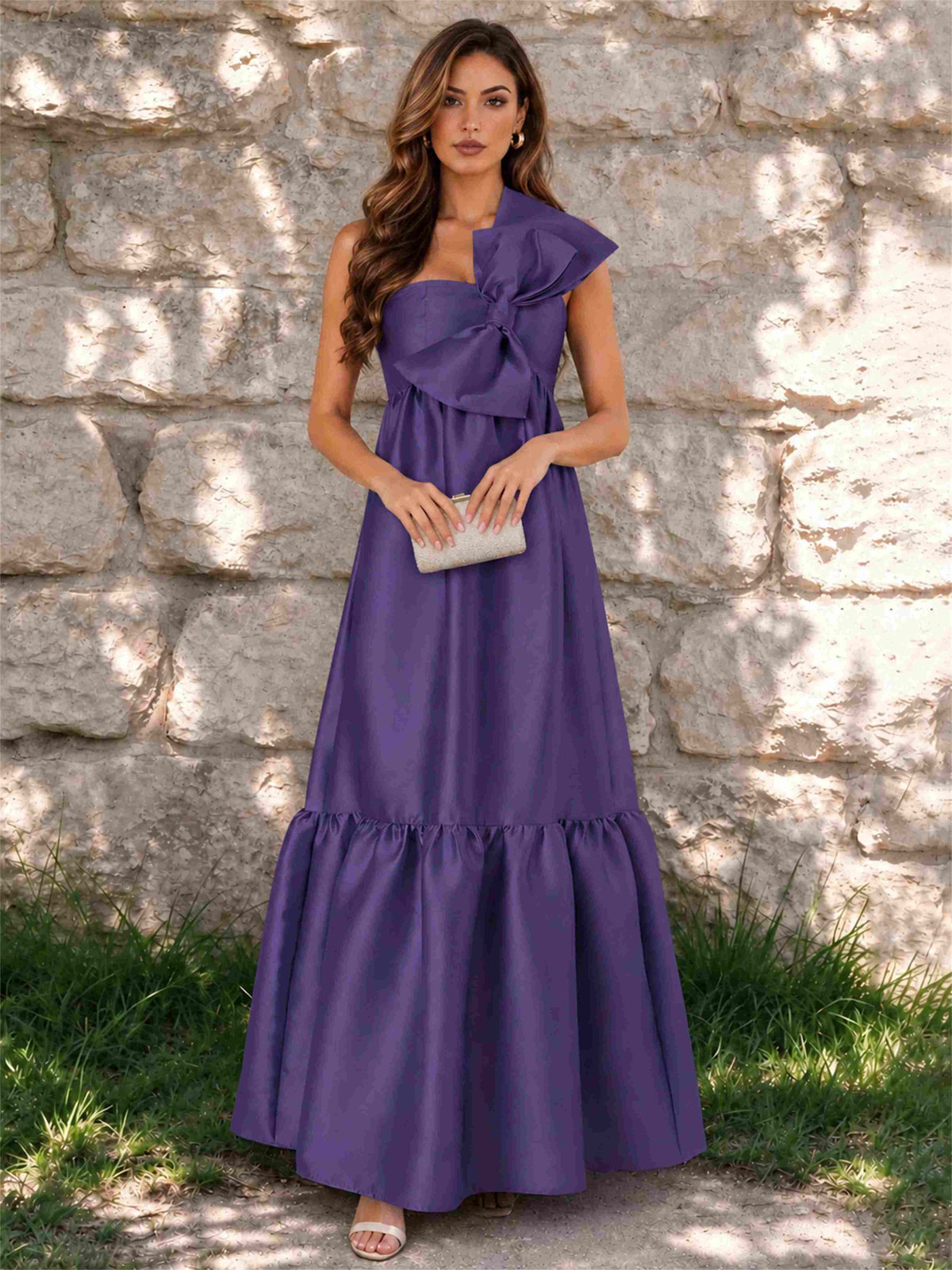 One Shoulder A-Line Satin Sleeveless Wedding Guest Dress with Bowknot