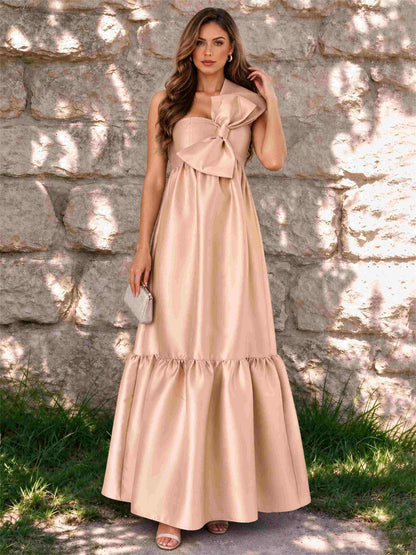 One Shoulder A-Line Satin Sleeveless Wedding Guest Dress with Bowknot