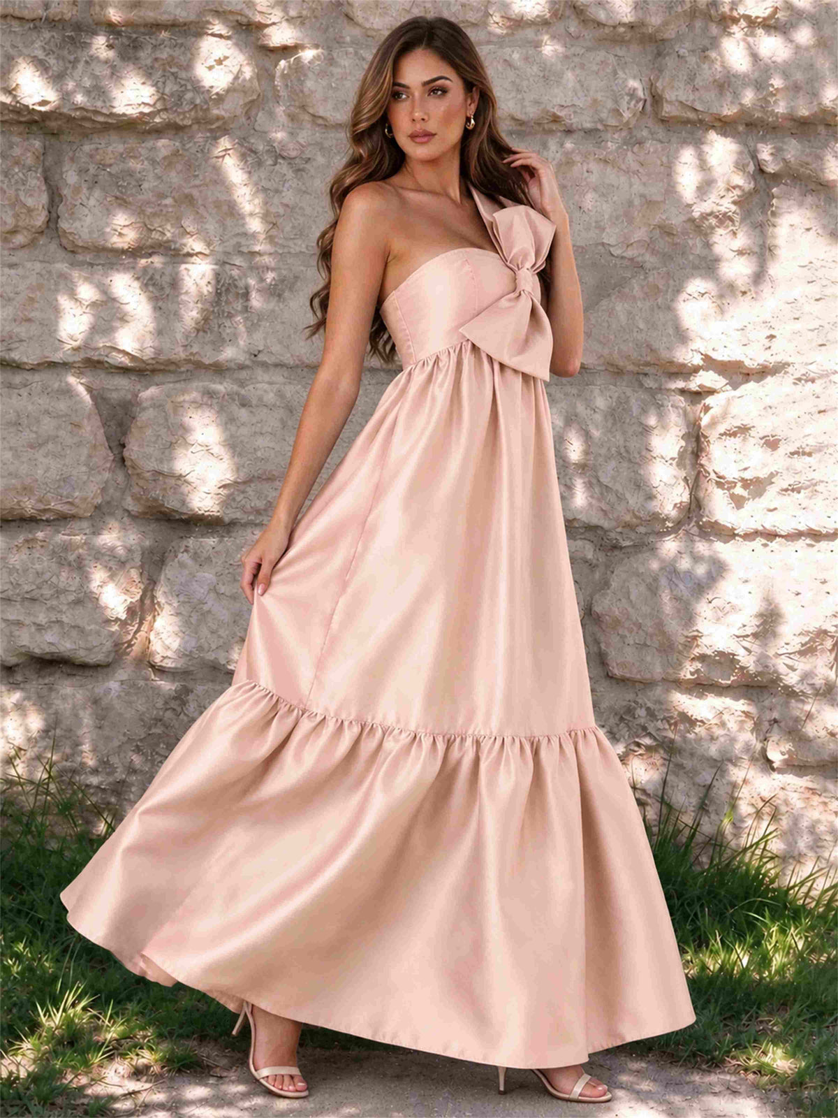 One Shoulder A-Line Satin Sleeveless Wedding Guest Dress with Bowknot