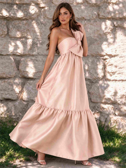 One Shoulder A-Line Satin Sleeveless Wedding Guest Dress with Bowknot