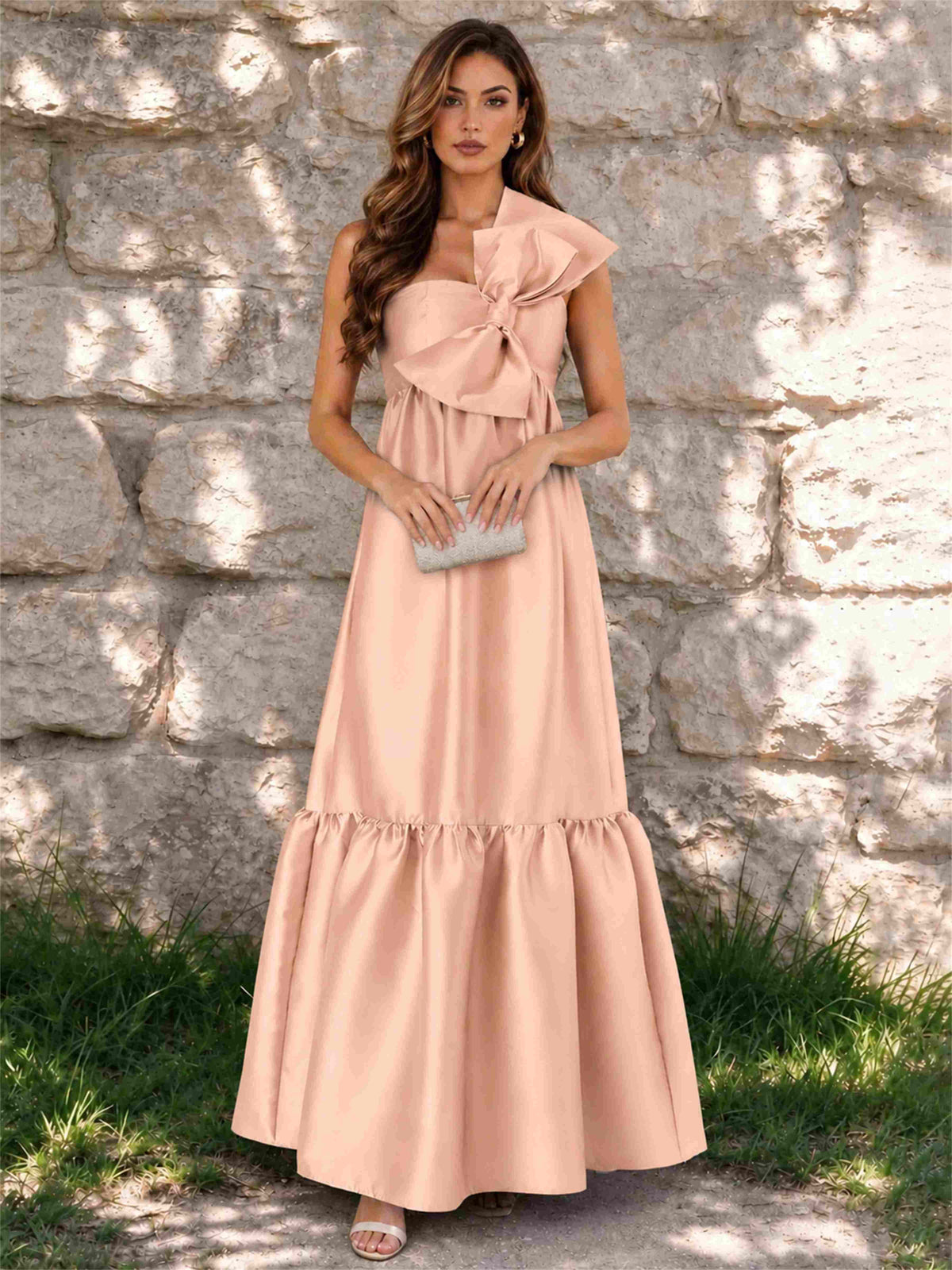 One Shoulder A-Line Satin Sleeveless Wedding Guest Dress with Bowknot