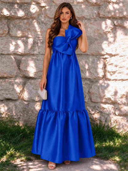 One Shoulder A-Line Satin Sleeveless Wedding Guest Dress with Bowknot