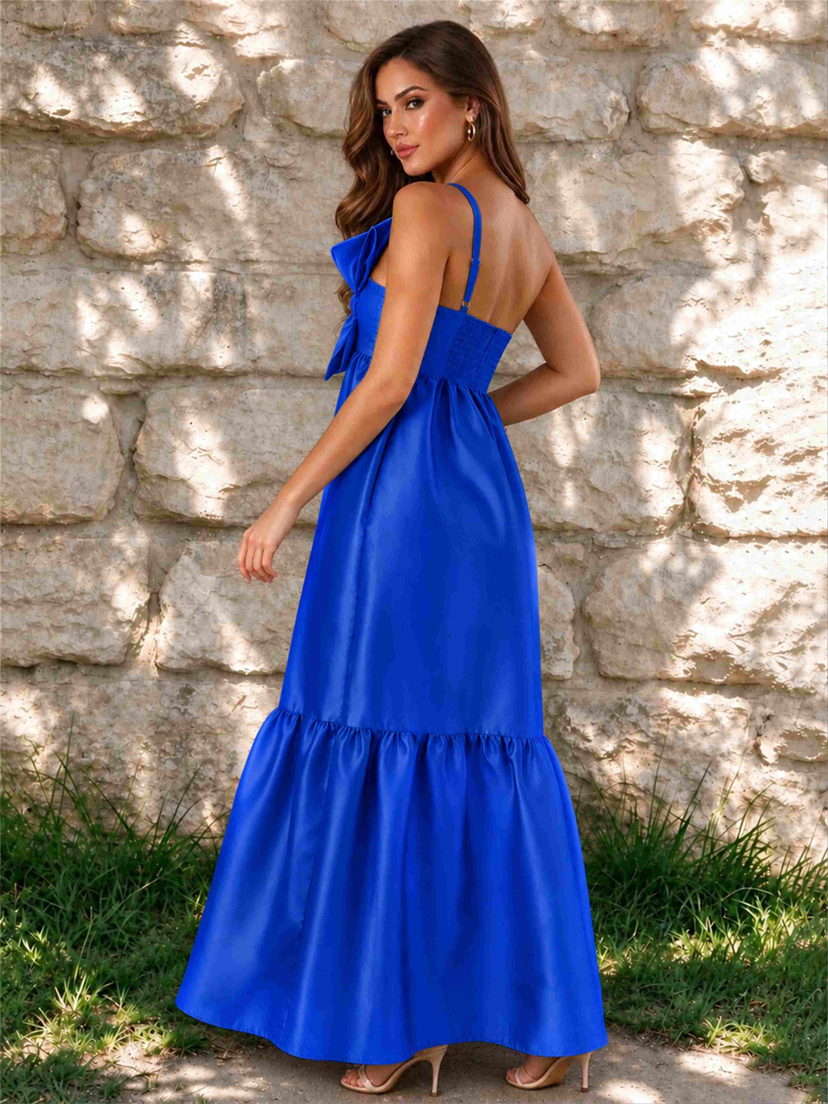 One Shoulder A-Line Satin Sleeveless Wedding Guest Dress with Bowknot