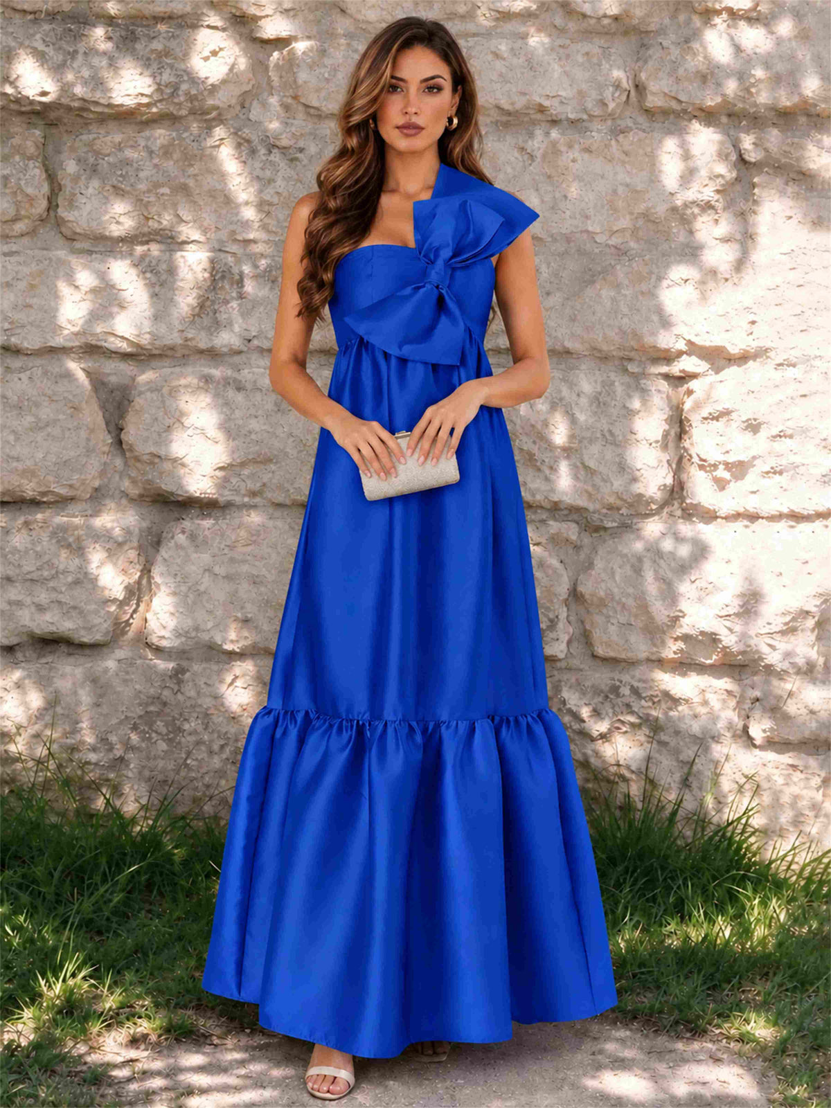 One Shoulder A-Line Satin Sleeveless Wedding Guest Dress with Bowknot