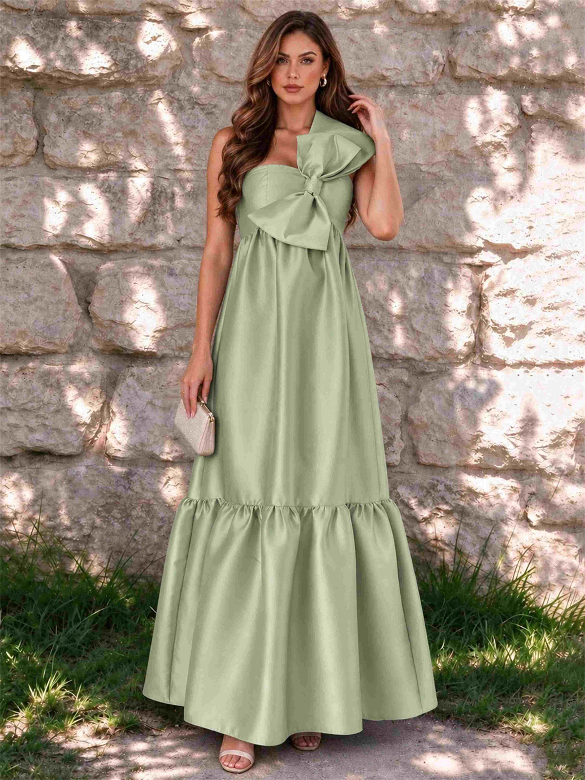 One Shoulder A-Line Satin Sleeveless Wedding Guest Dress with Bowknot