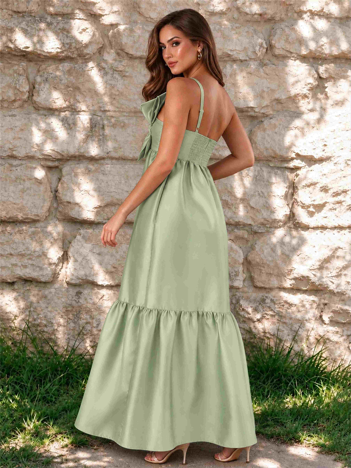 One Shoulder A-Line Satin Sleeveless Wedding Guest Dress with Bowknot