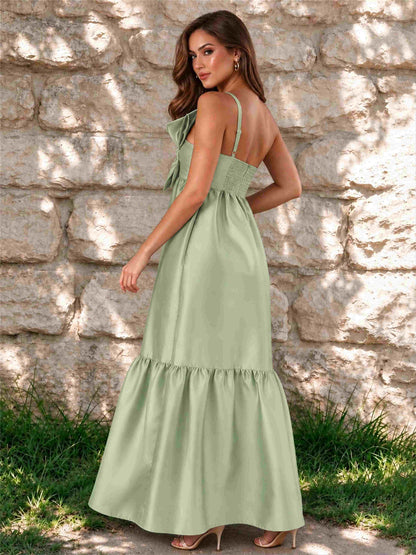 One Shoulder A-Line Satin Sleeveless Wedding Guest Dress with Bowknot