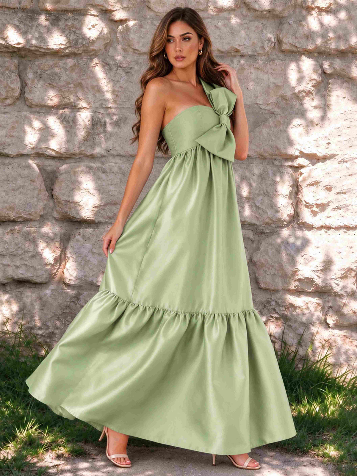 One Shoulder A-Line Satin Sleeveless Wedding Guest Dress with Bowknot