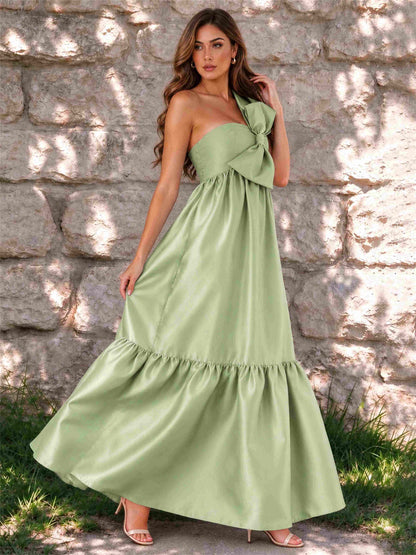 One Shoulder A-Line Satin Sleeveless Wedding Guest Dress with Bowknot