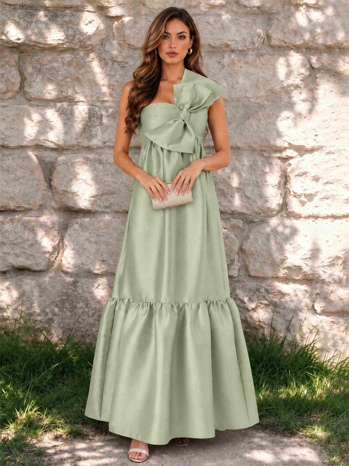 One Shoulder A-Line Satin Sleeveless Wedding Guest Dress with Bowknot