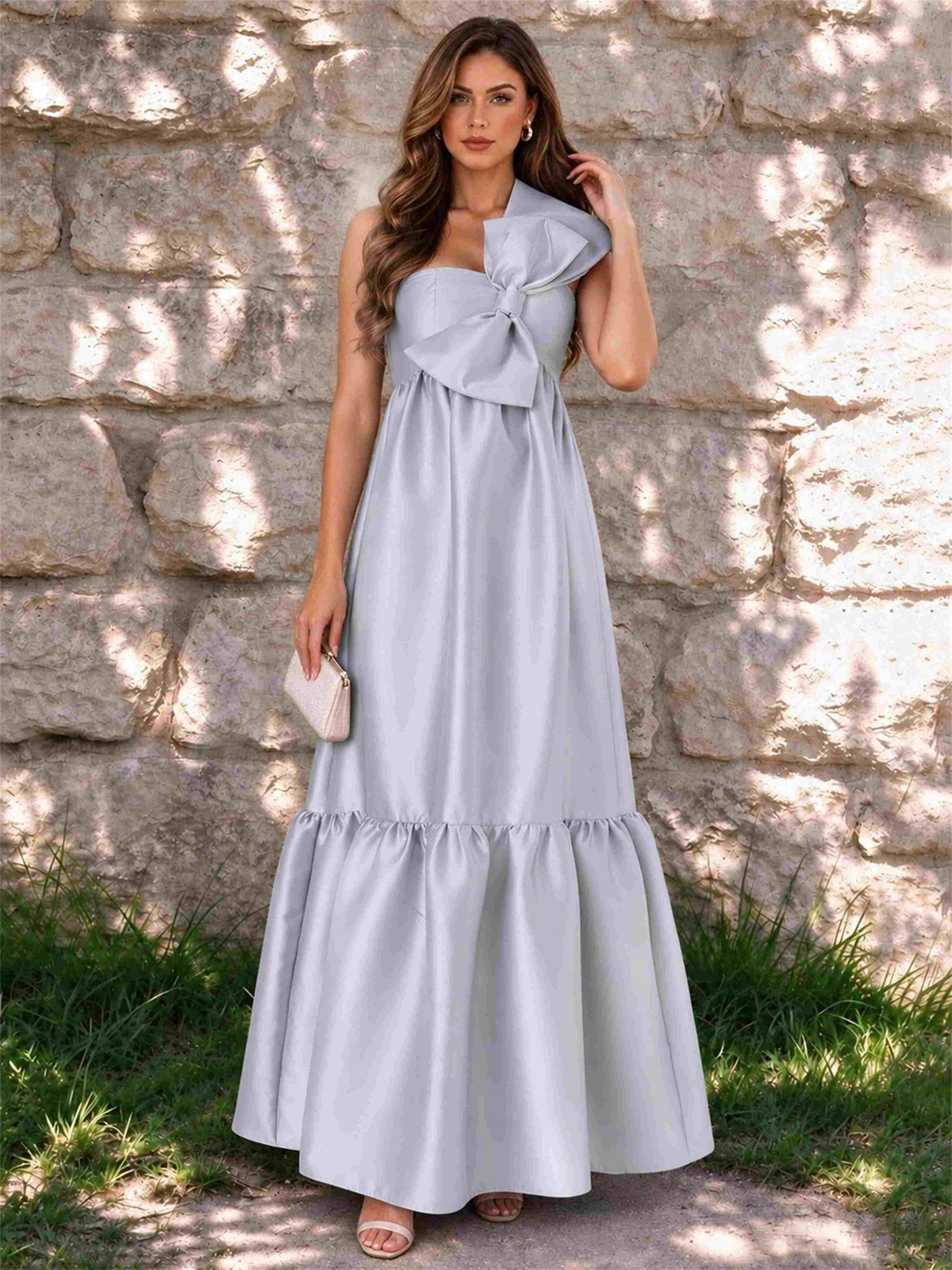 One Shoulder A-Line Satin Sleeveless Wedding Guest Dress with Bowknot