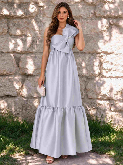 One Shoulder A-Line Satin Sleeveless Wedding Guest Dress with Bowknot