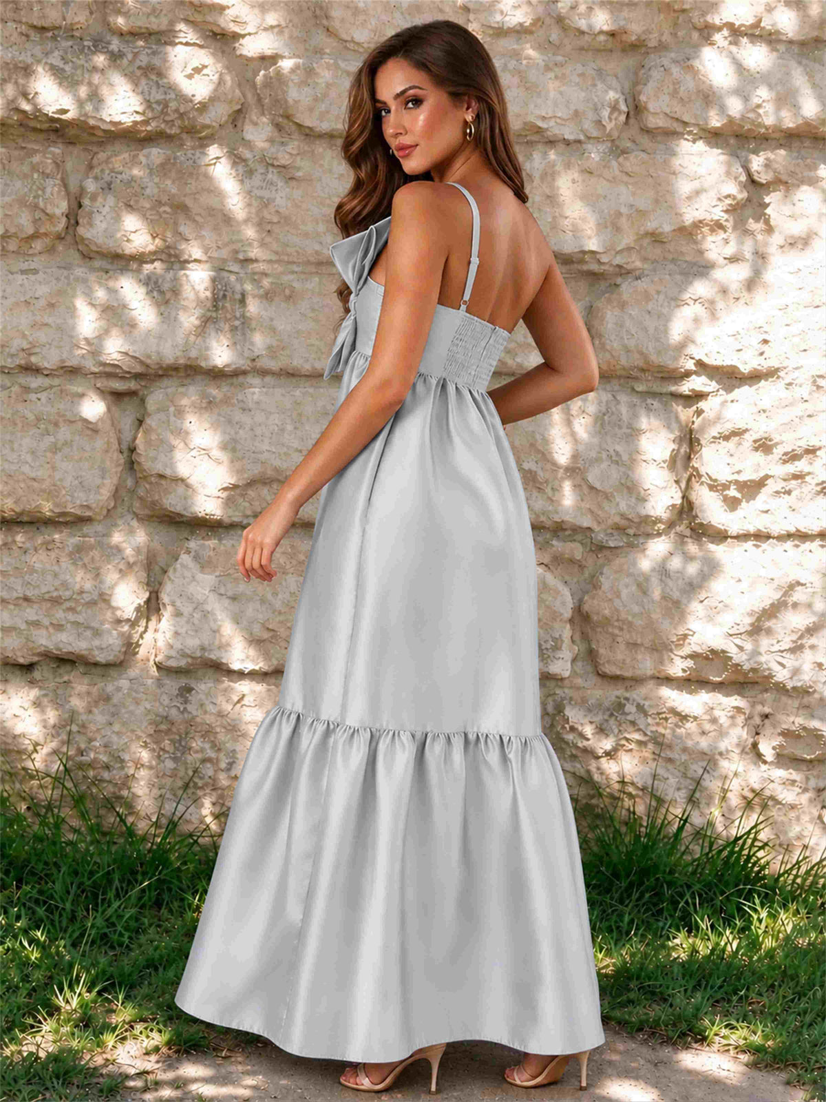 One Shoulder A-Line Satin Sleeveless Wedding Guest Dress with Bowknot