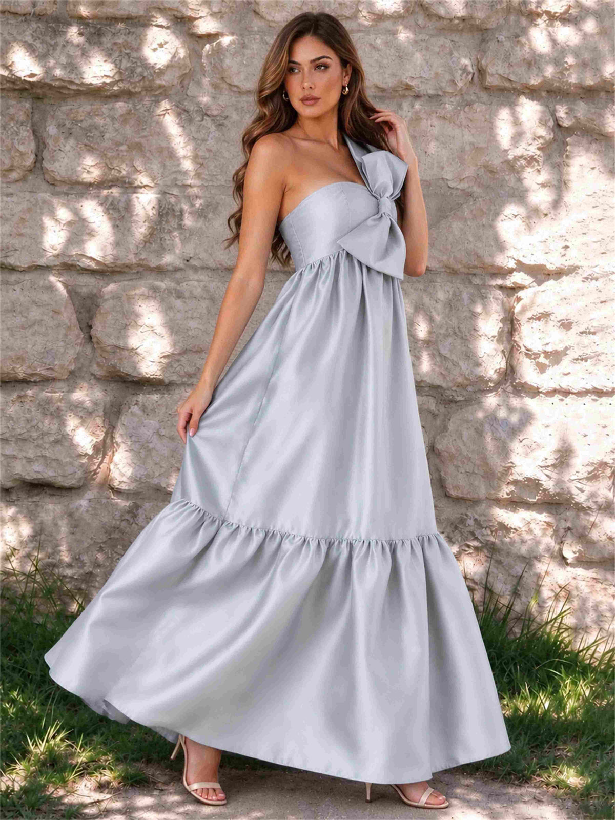 One Shoulder A-Line Satin Sleeveless Wedding Guest Dress with Bowknot
