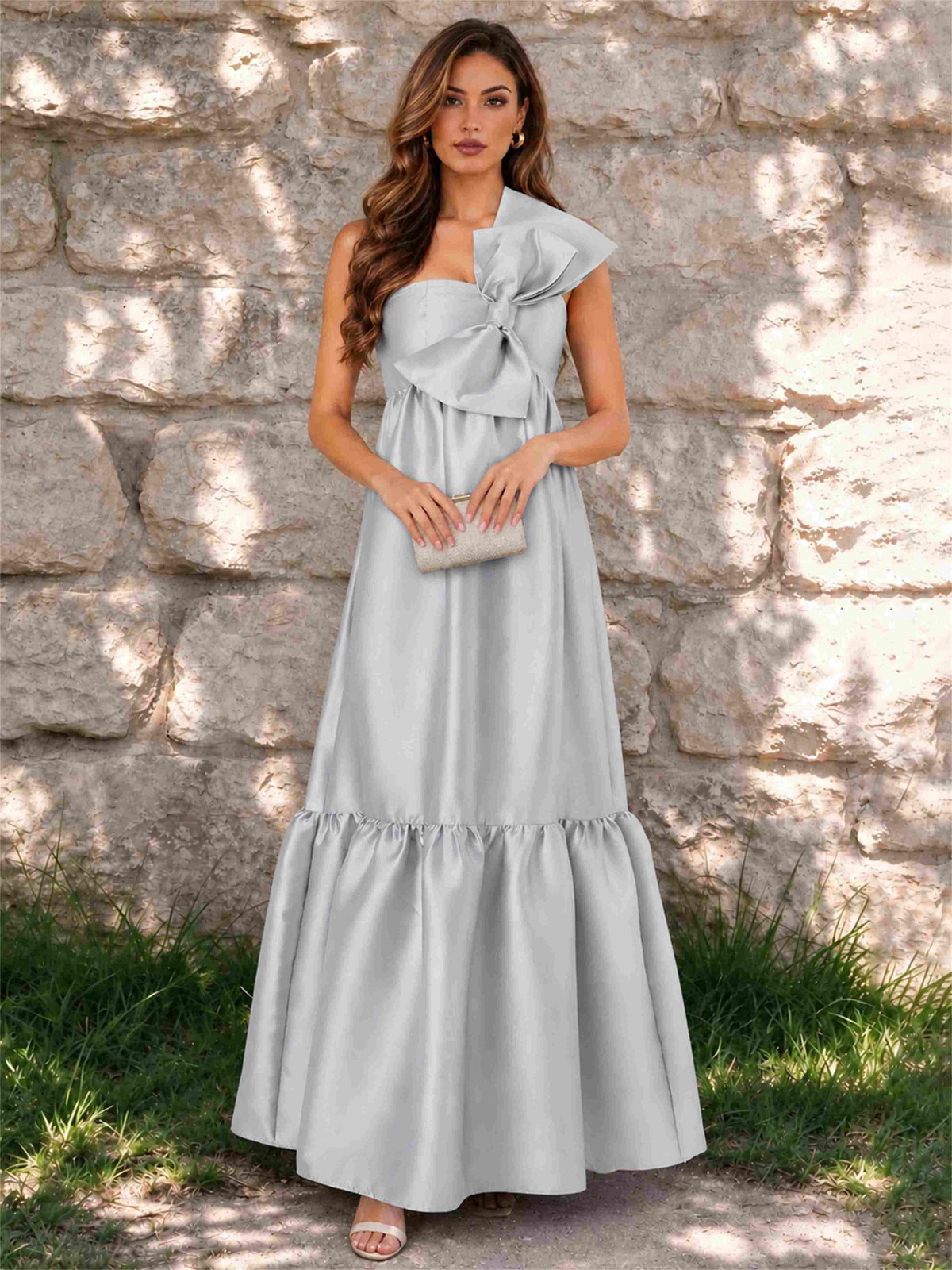 One Shoulder A-Line Satin Sleeveless Wedding Guest Dress with Bowknot