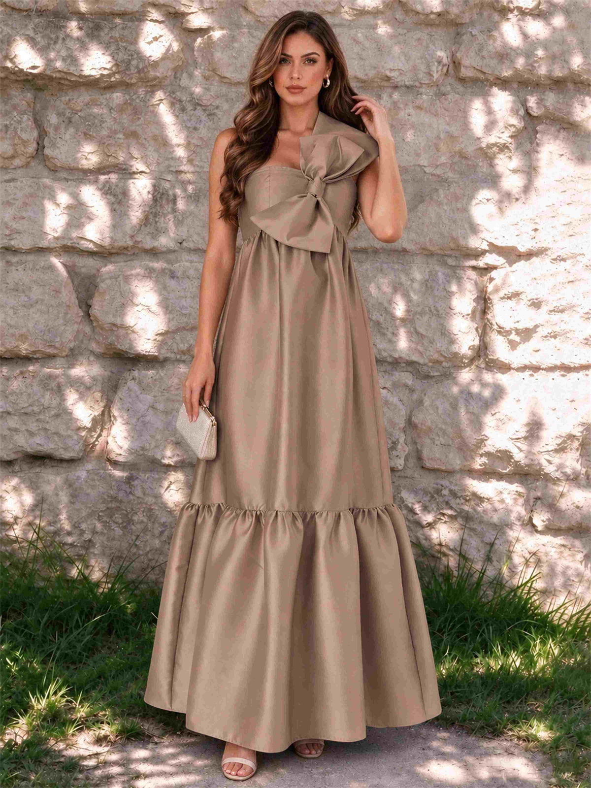 One Shoulder A-Line Satin Sleeveless Wedding Guest Dress with Bowknot