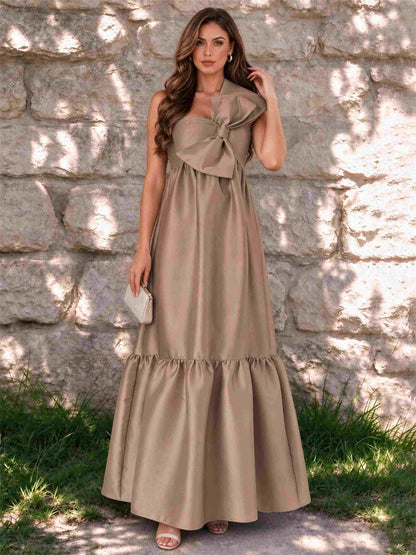 One Shoulder A-Line Satin Sleeveless Wedding Guest Dress with Bowknot