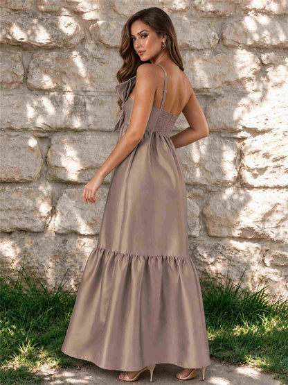 One Shoulder A-Line Satin Sleeveless Wedding Guest Dress with Bowknot