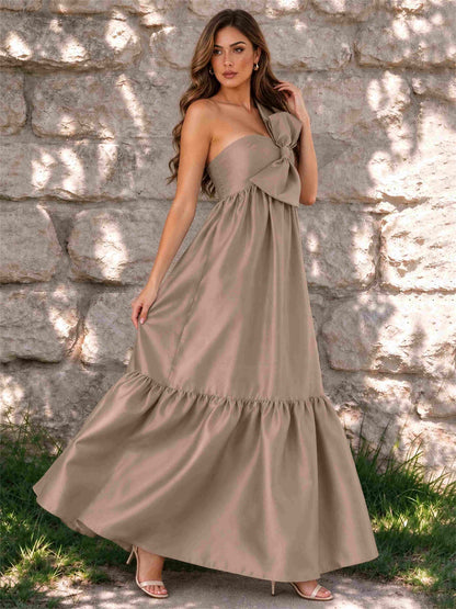One Shoulder A-Line Satin Sleeveless Wedding Guest Dress with Bowknot