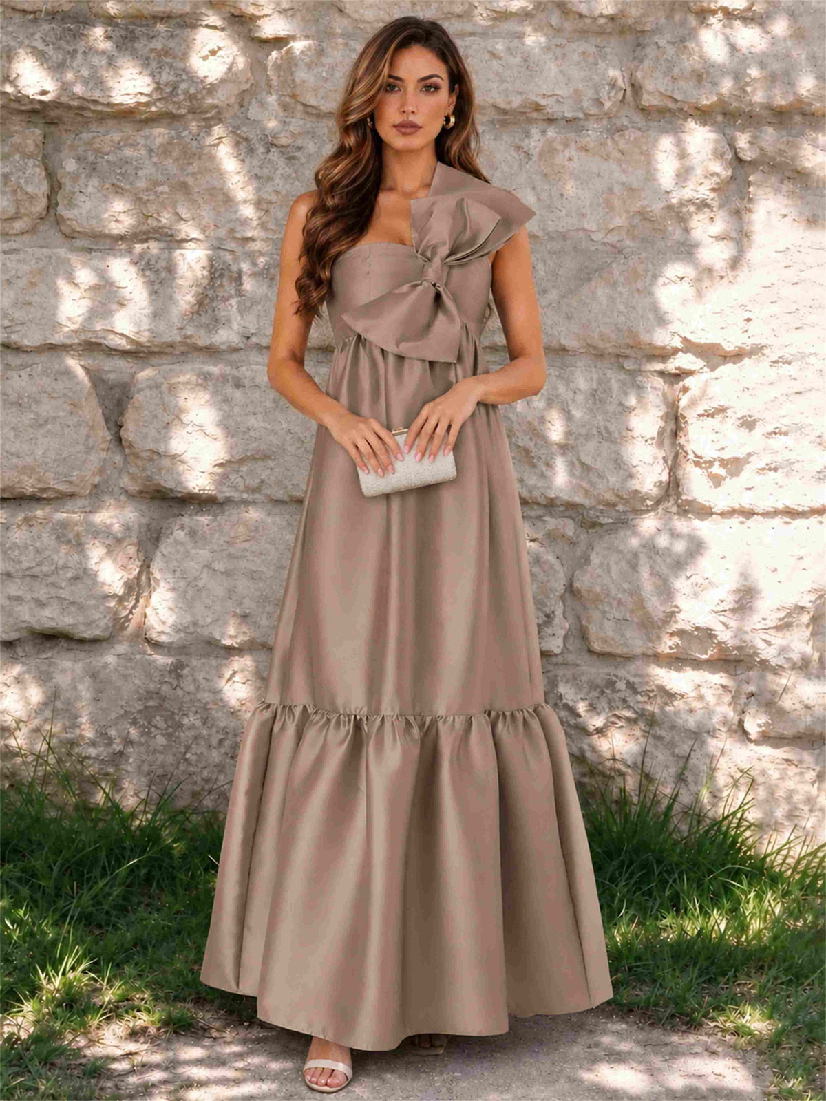 One Shoulder A-Line Satin Sleeveless Wedding Guest Dress with Bowknot