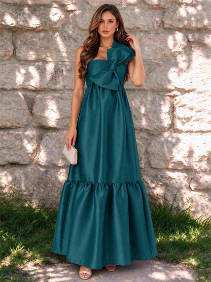 One Shoulder A-Line Satin Sleeveless Wedding Guest Dress with Bowknot