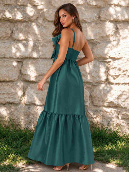 One Shoulder A-Line Satin Sleeveless Wedding Guest Dress with Bowknot