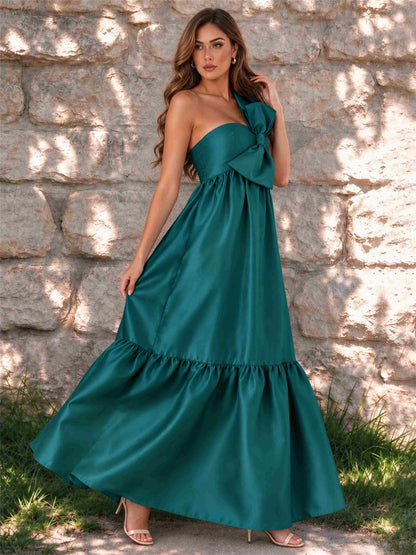 One Shoulder A-Line Satin Sleeveless Wedding Guest Dress with Bowknot