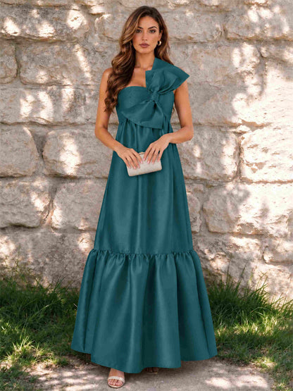One Shoulder A-Line Satin Sleeveless Wedding Guest Dress with Bowknot
