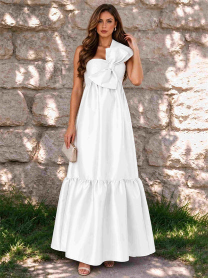 One Shoulder A-Line Satin Sleeveless Wedding Guest Dress with Bowknot