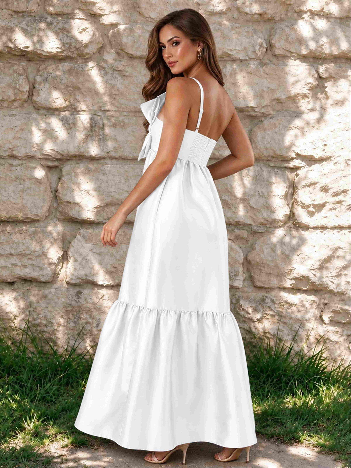 One Shoulder A-Line Satin Sleeveless Wedding Guest Dress with Bowknot