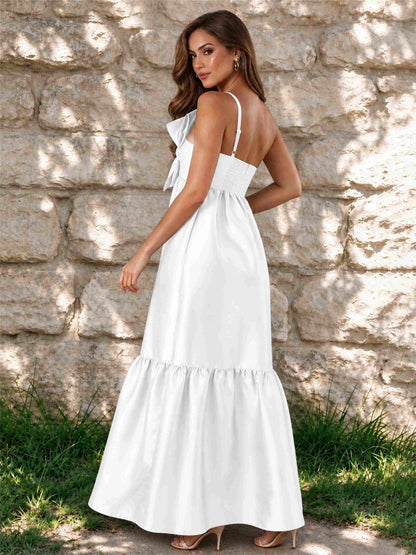 One Shoulder A-Line Satin Sleeveless Wedding Guest Dress with Bowknot