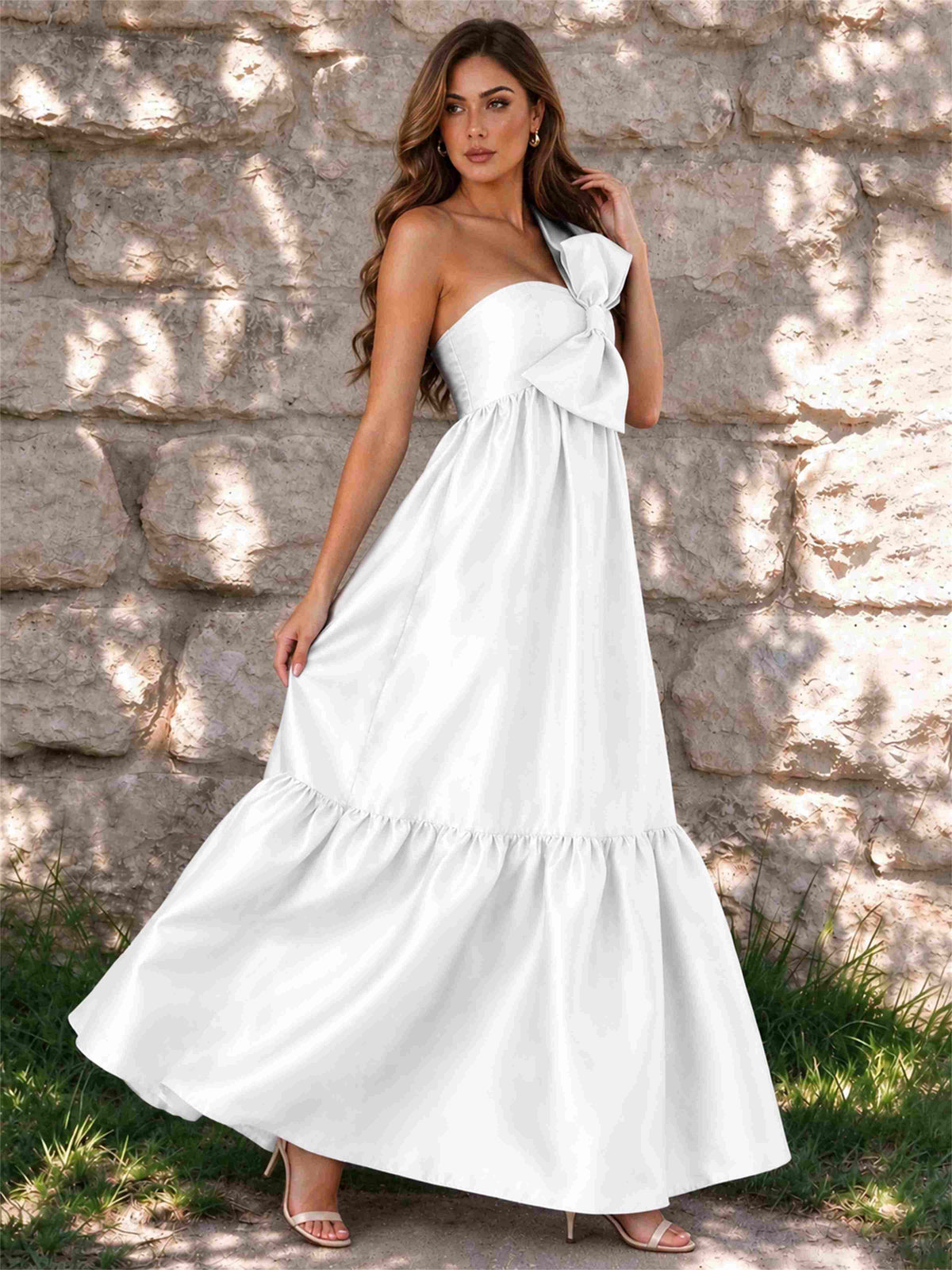 One Shoulder A-Line Satin Sleeveless Wedding Guest Dress with Bowknot