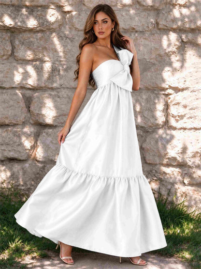 One Shoulder A-Line Satin Sleeveless Wedding Guest Dress with Bowknot