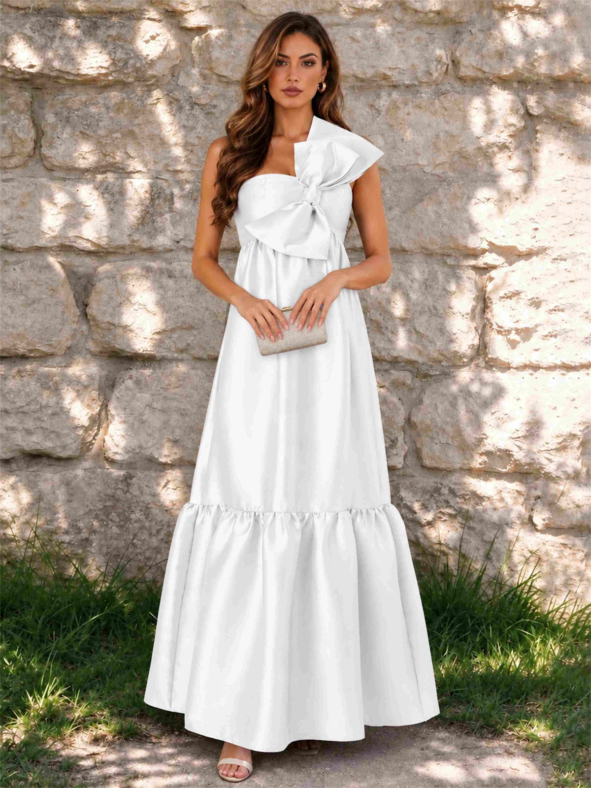 One Shoulder A-Line Satin Sleeveless Wedding Guest Dress with Bowknot