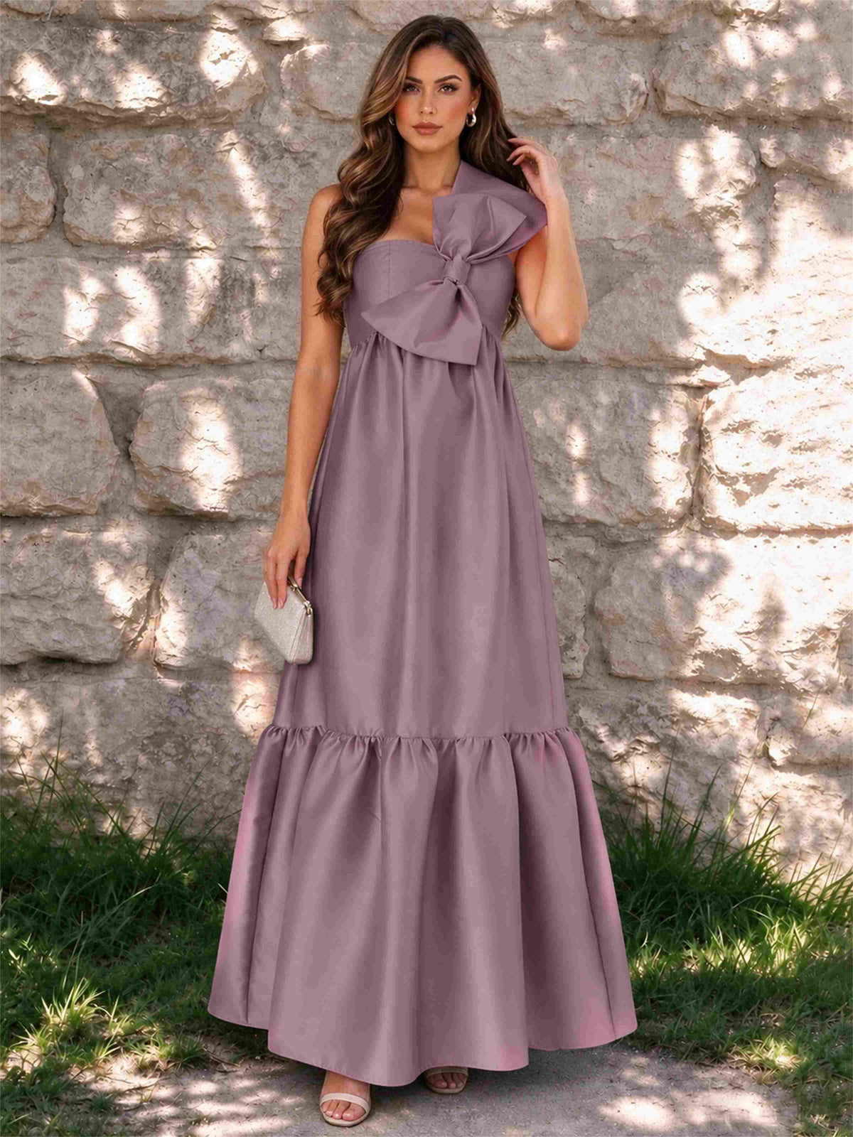 One Shoulder A-Line Satin Sleeveless Wedding Guest Dress with Bowknot