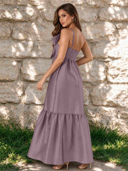 One Shoulder A-Line Satin Sleeveless Wedding Guest Dress with Bowknot