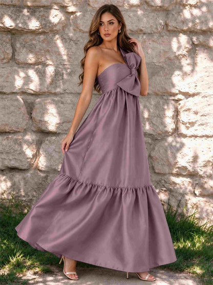 One Shoulder A-Line Satin Sleeveless Wedding Guest Dress with Bowknot