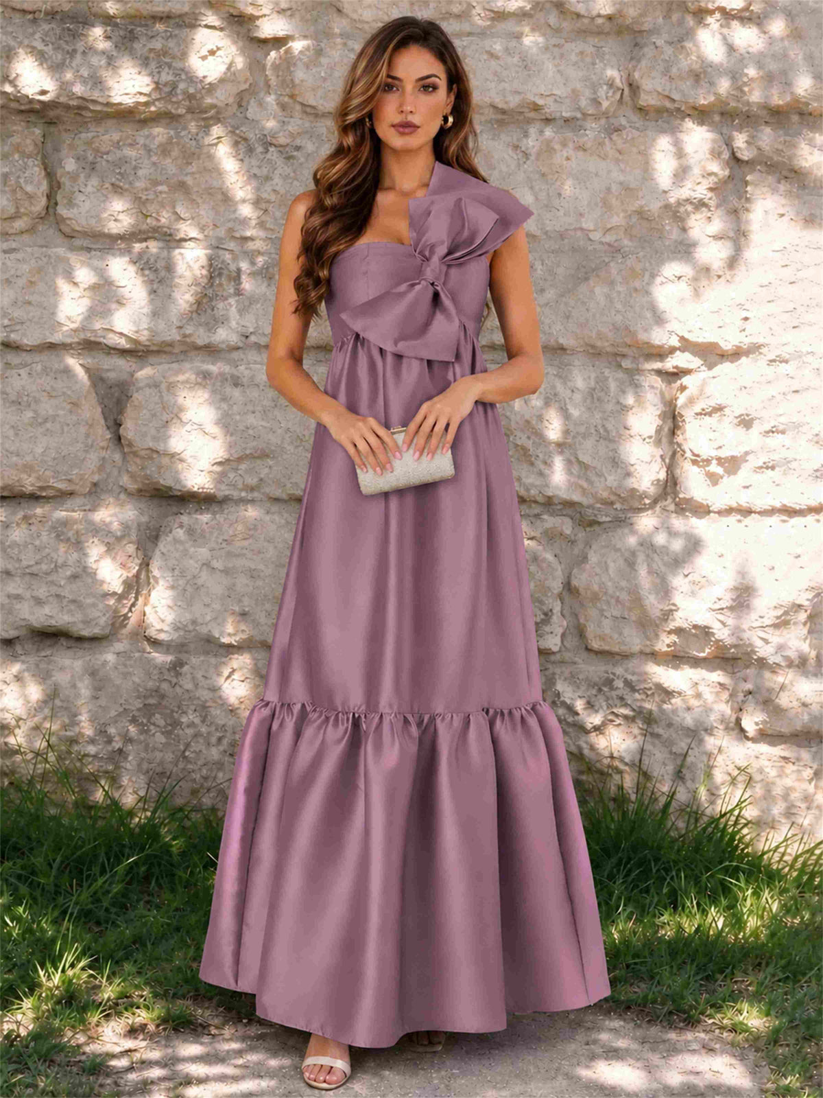 One Shoulder A-Line Satin Sleeveless Wedding Guest Dress with Bowknot