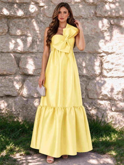 One Shoulder A-Line Satin Sleeveless Wedding Guest Dress with Bowknot