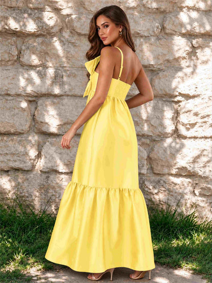 One Shoulder A-Line Satin Sleeveless Wedding Guest Dress with Bowknot