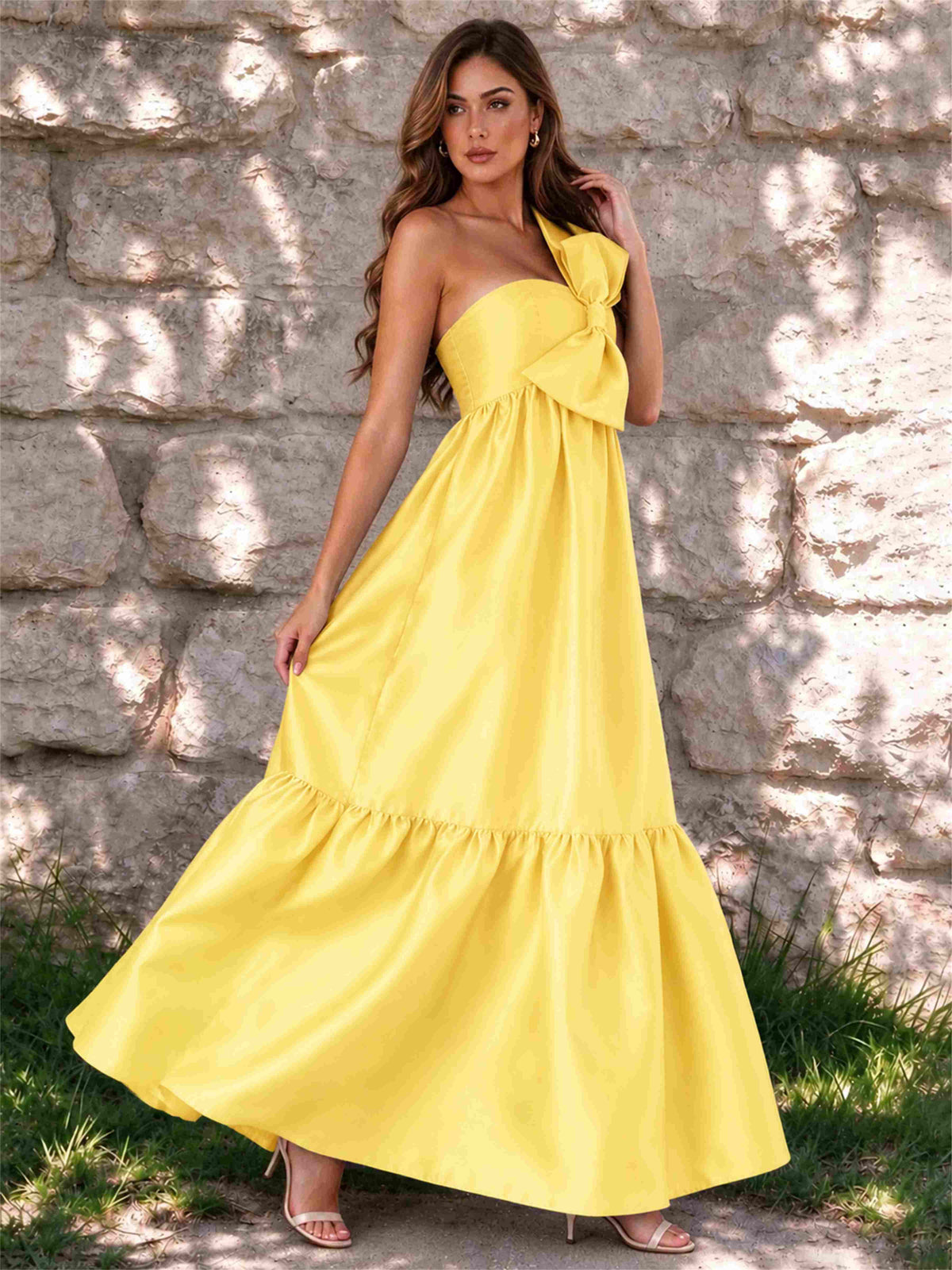 One Shoulder A-Line Satin Sleeveless Wedding Guest Dress with Bowknot
