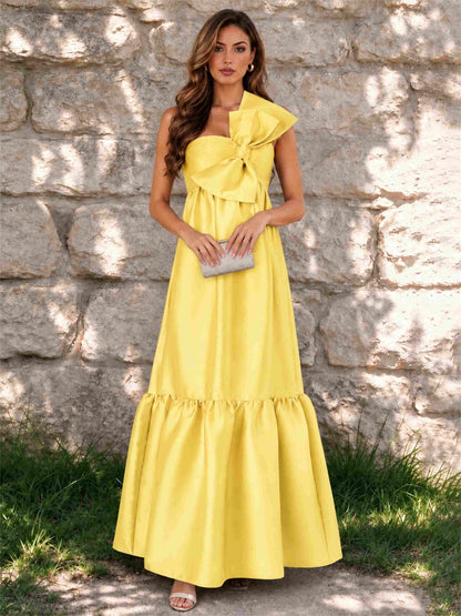 One Shoulder A-Line Satin Sleeveless Wedding Guest Dress with Bowknot