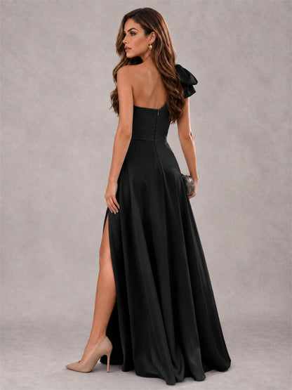 One Shoulder Bow Detail Satin Formal Dress with High Slit