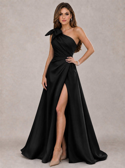 One Shoulder Bow Detail Satin Formal Dress with High Slit
