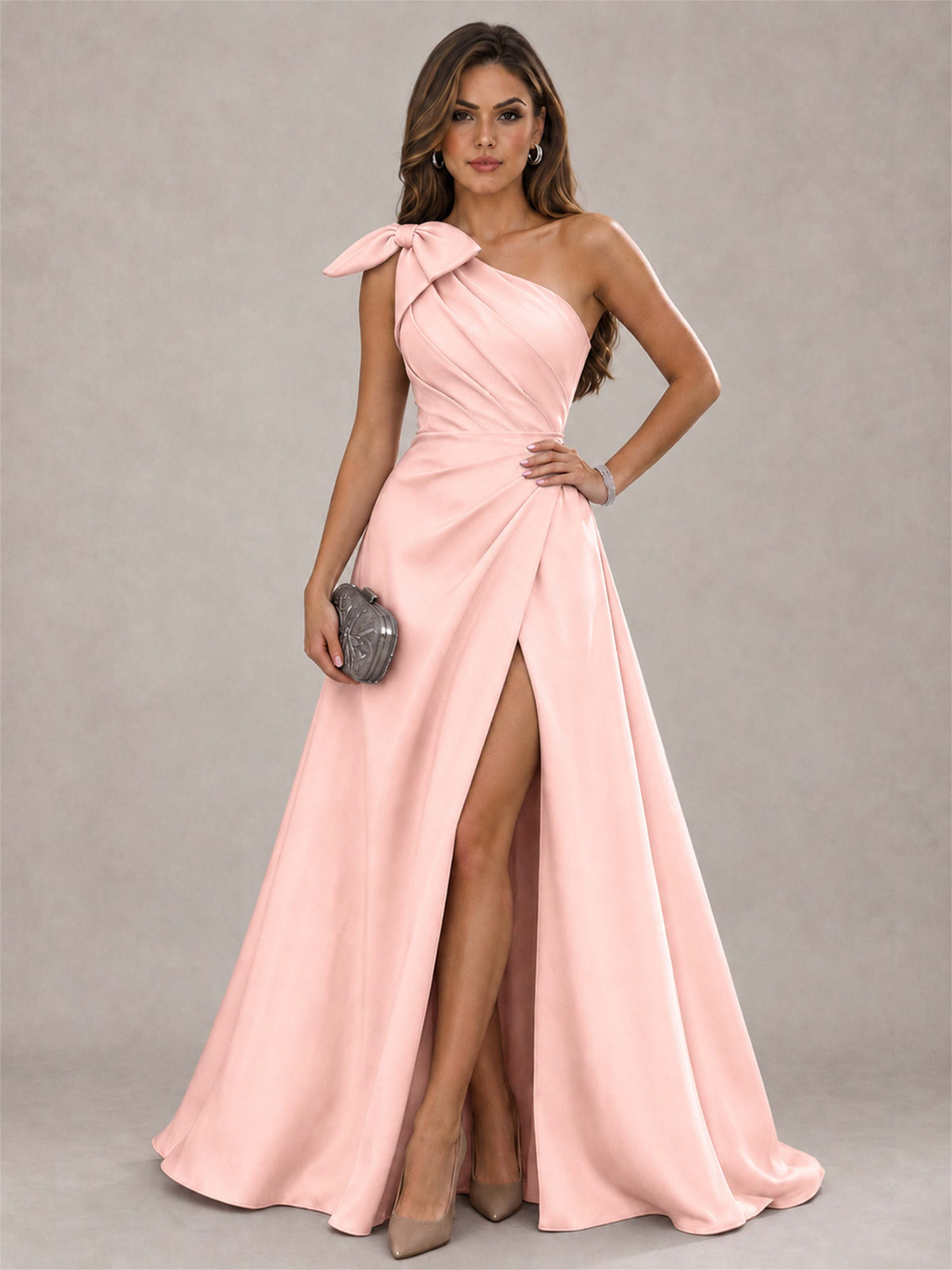 One Shoulder Bow Detail Satin Formal Dress with High Slit