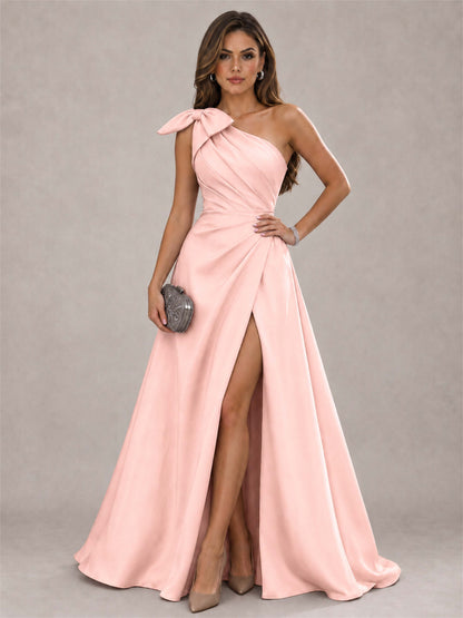 One Shoulder Bow Detail Satin Formal Dress with High Slit