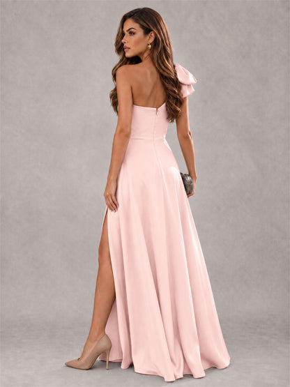 One Shoulder Bow Detail Satin Formal Dress with High Slit