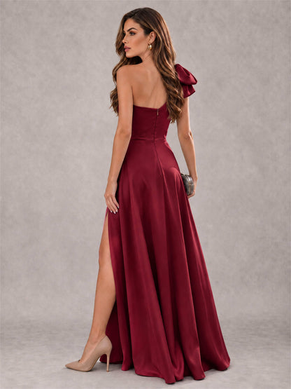 One Shoulder Bow Detail Satin Formal Dress with High Slit