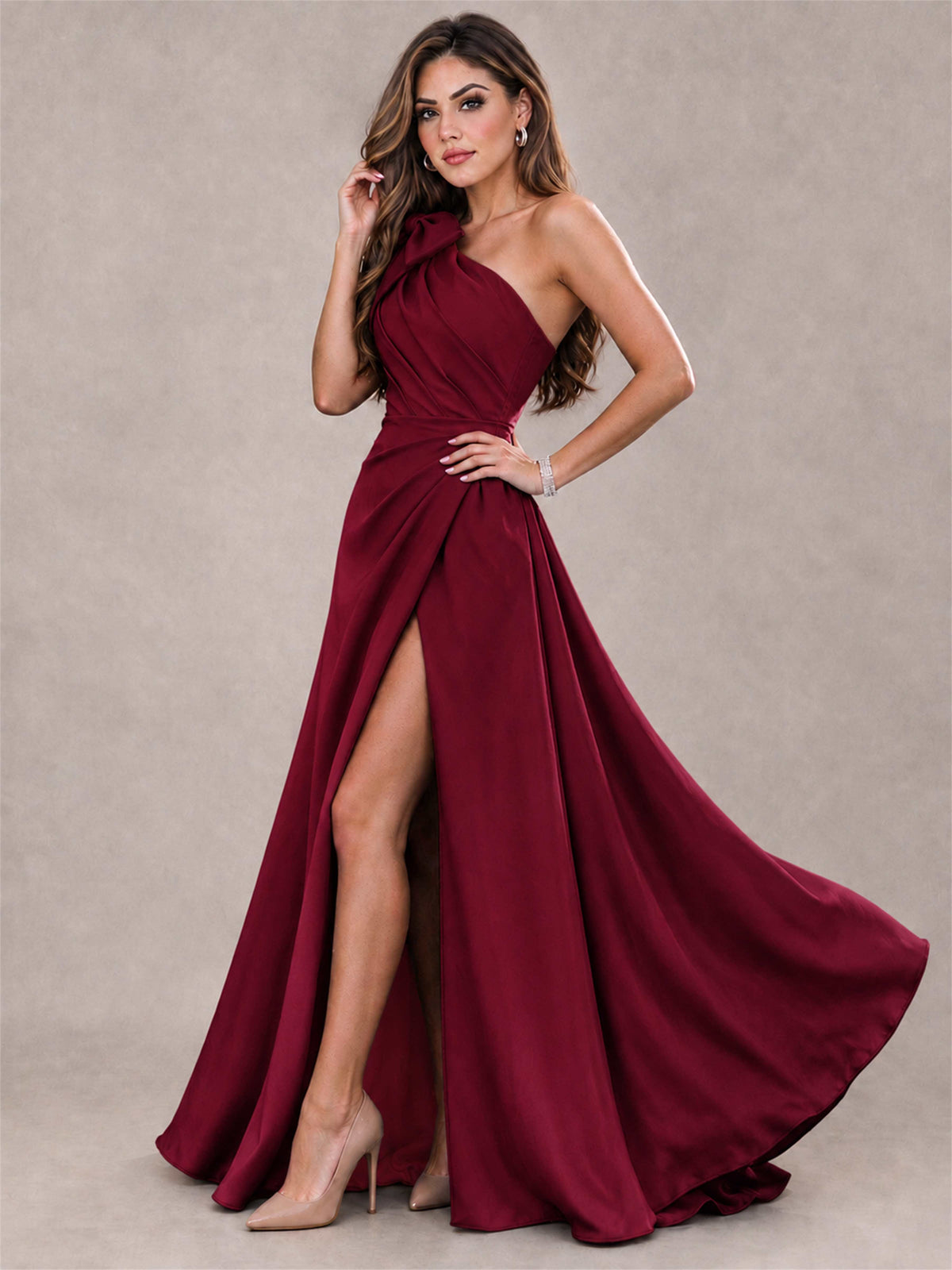 One Shoulder Bow Detail Satin Formal Dress with High Slit